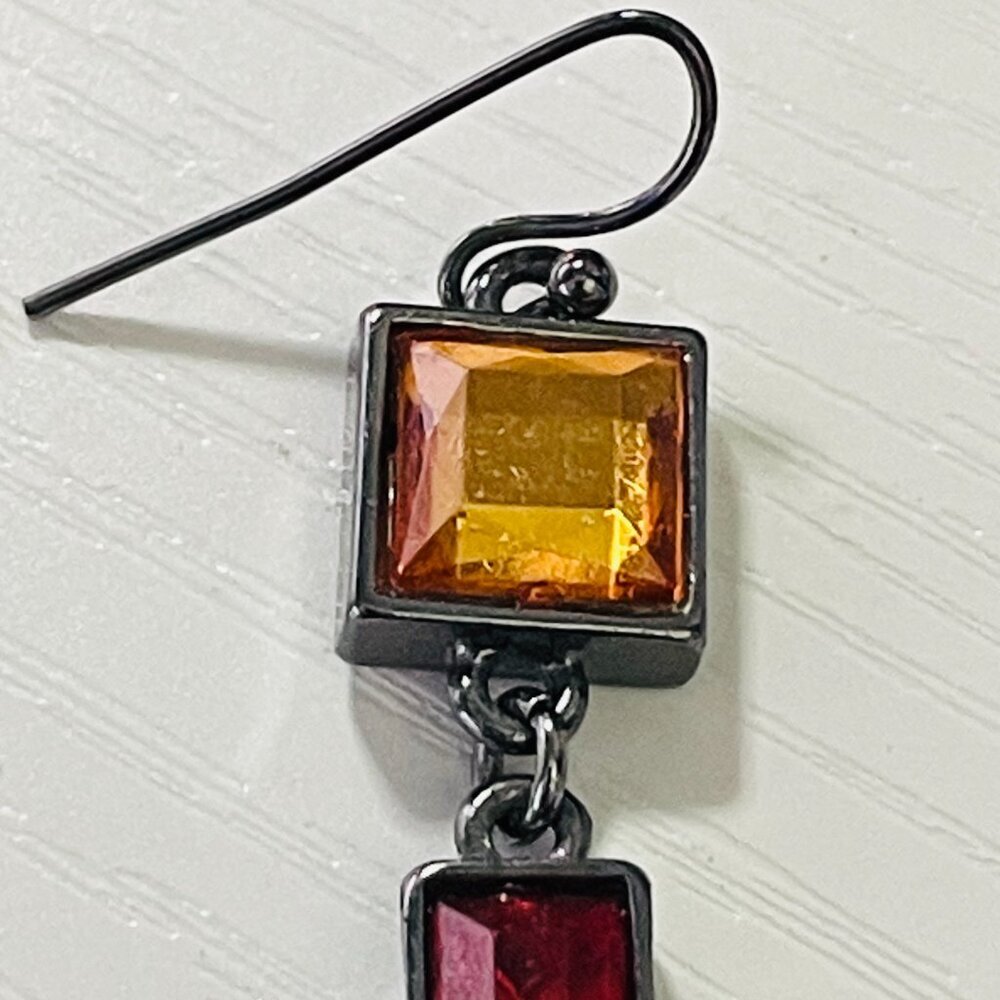 Red & Amber Geometric Dangle Earrings - Gunmetal Tone - Picture 3 of 3